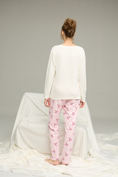 Siyah İnci ekru kurdele desenli Pamuklu Bisiklet Yaka Örme Pijama Takım25241147