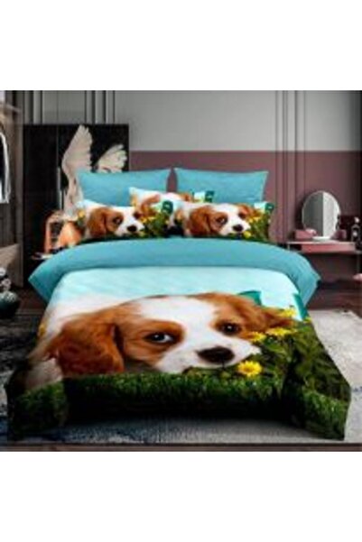 Ralex Single Bed Linen Cotton Finet 3D 3 Pieces 160 x 230 cm, Puppy in Grass, Beige, Pucioasa