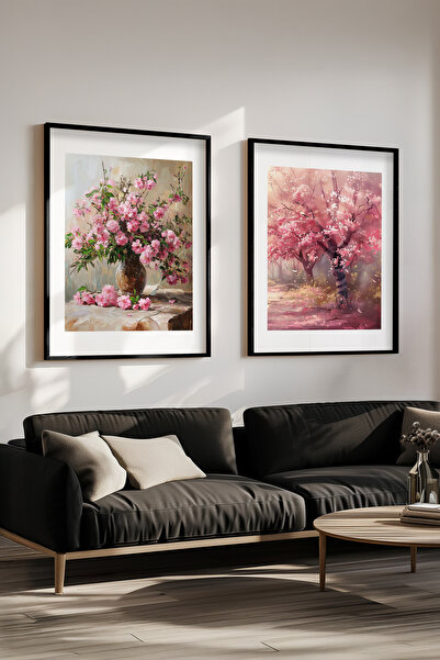 STARYUNA Pictură cu efect de pictură în ulei cu flori roz, set de 2 picturi c...