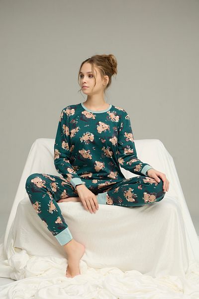 Siyah İnci Green Koala Print Cotton Crew Neck Knit Pajama Set 25241150