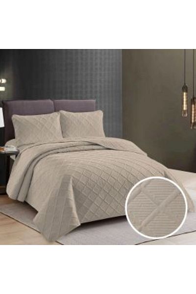 Ralex Quilted Bedspread UNI 230 x 250 cm with 2 Pillowcases 50 x 70 cm, Rhombus Pattern, Cream