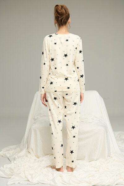 Siyah İnci ekru yıldız desenli Pamuklu Bisiklet Yaka Örme Pijama Takım25241151