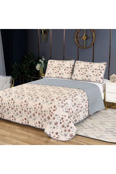Ralex Printed Quilted Bedspread 230 x 250 cm with 2 Pillowcases 50 x 70 cm, Small Beige Flowers