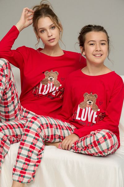Siyah İnci Red Plaid Cotton Crew Neck Knitted Pajamas Suit25241129
