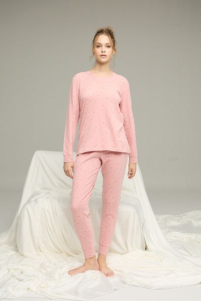 Siyah İnci Powder Heart Pattern Cotton Crew Neck Knitted Pajamas Suit25241123