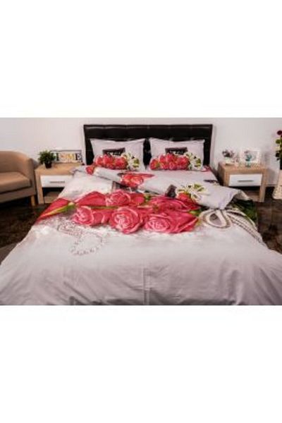 Ralex Double Bed Linen Set 4 Pieces 220 x 230 cm Digital Print 3D, White/Red Roses Love Pucioasa