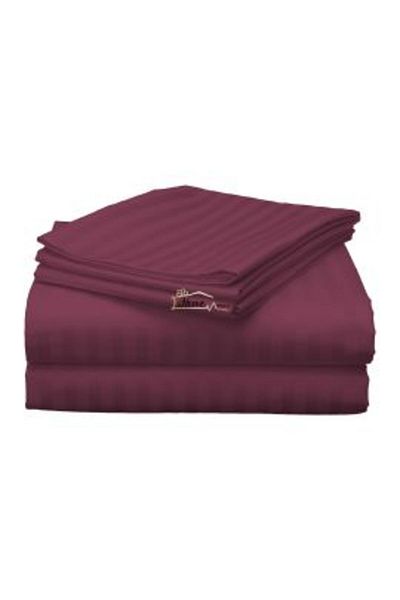 HomePuls Cearșaf de pat dublu King Size, model Damasc, cu dungi din policombotit, 1 cm, 230 x 260 cm, roșu vișiniu