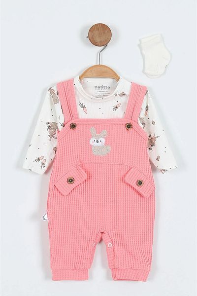podyumgiyim Salmon (3-9 Months) Rabbit Embroidered Underwear Waffle Baby Girl Jumpsuit