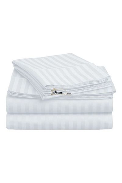 HomePuls Cearșaf de pat King Size pentru 2 persoane, bumbac damasc 100%, stil hotelier, cu dungi de 1 cm, 240 x 260 cm, alb