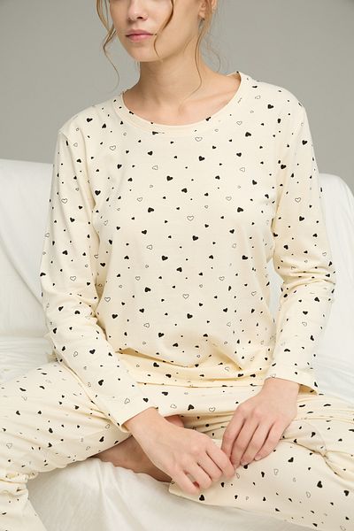 Siyah İnci Ecru Heart Pattern Cotton Crew Neck Knitted Pajamas Suit25241142