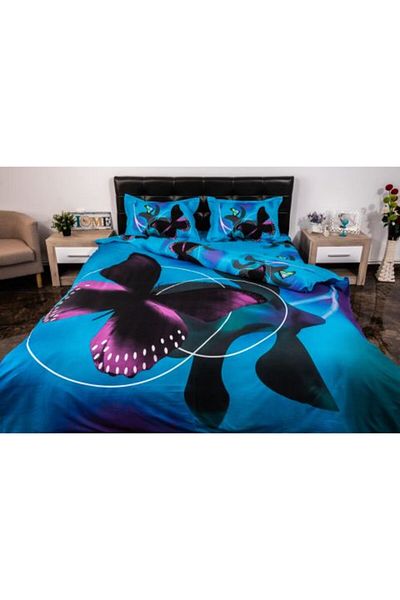 Ralex Double Bed Linen Set 4 Pieces 220 x 230 cm Digital Print 3D, Blue/Black Butterfly Pucioasa