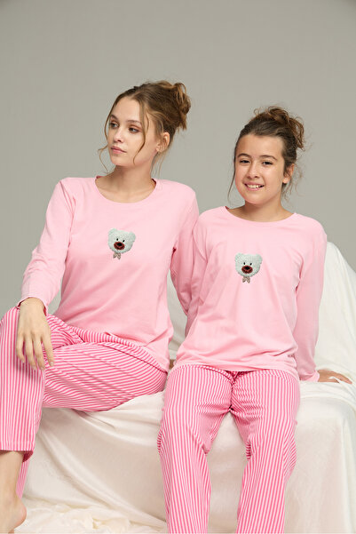 Siyah İnci pembe çizgi desenli Pamuklu Bisiklet Yaka Örme Pijama Takım25241138