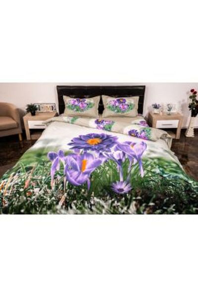 Ralex Double Bedding Set 4 Pieces 220 x 230 cm Digital Print 3D, Purple/Green Garden Flowers Pucioasa