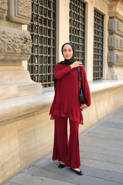 LOCCO Women's Tulle Detail Double Suit Burgundy