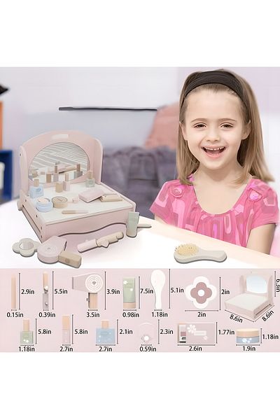COOYA 18-Piece Wooden Makeup Toy Set, Toddler Salon Playset, Pretend Dress Up Play Kit for Girls