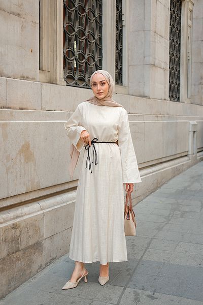 LOCCO Rochie de damă din plasă din in, crem