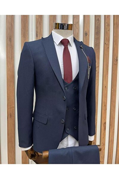 BYBEYEMS GİYİM L. Royal Navy Blue Dobby Vest Suit