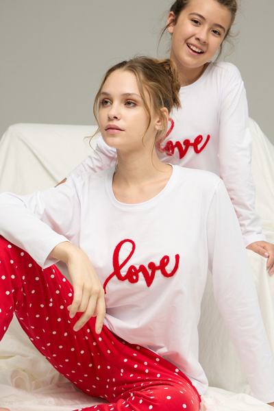 Siyah İnci White Points Pattern Cotton Crew Neck Knitted Pajamas Suit25241148
