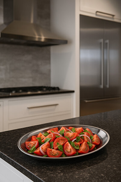 Davet Paslanmaz Çelik Düz Kayık Salata Tabak 23 cm- 14 cm - Paslanmaz Çelik Salata Tabağı