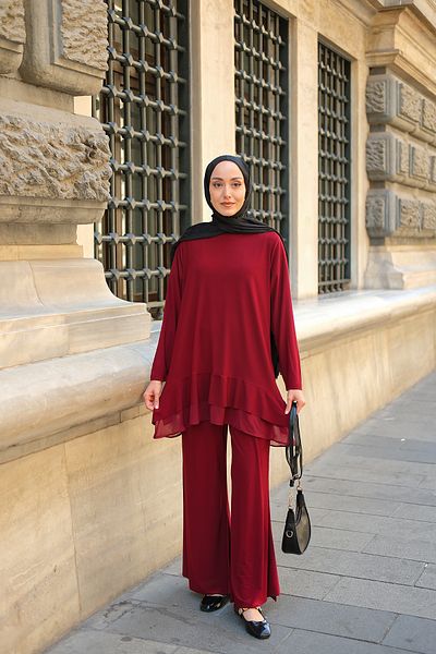 LOCCO Women's Tulle Detail Double Suit Burgundy
