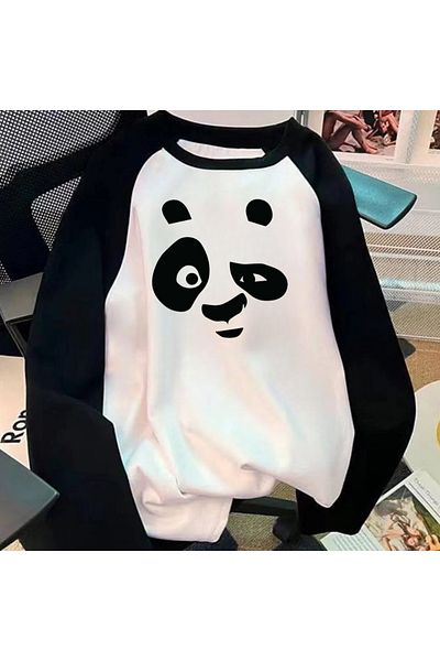 Touz Moda Cute Panda Raglan Long Sleeve Printed White T-Shirt