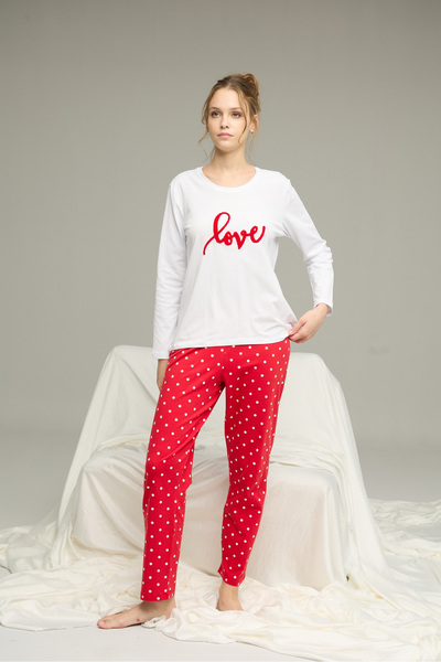 Siyah İnci White Points Pattern Cotton Crew Neck Knitted Pajamas Suit25241148