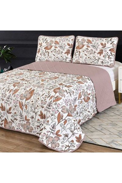 Ralex Cuvertură matlasată 230 x 250 cm cu 2 fețe de pernă 50 x 70 cm, model floral maro