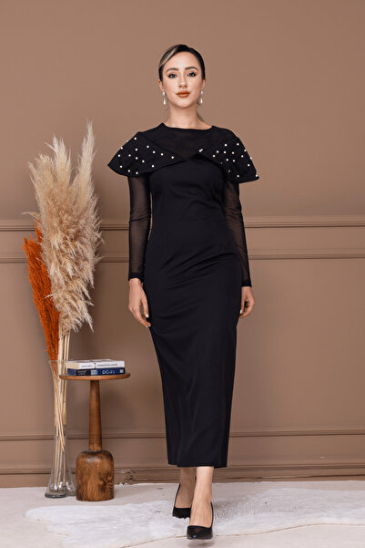 BEYBOS İnci Detaylı Kalem Elbise - SİYAH