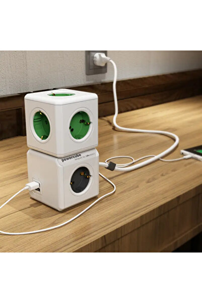 Allocacoc Prelungitor cubic, Powercube de la Allocacoc, 2xUSB, 4 prize, alb/verde