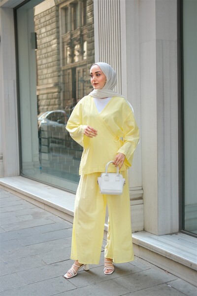 LOCCO Women's Waist Tie Detail Double Suit Yellow