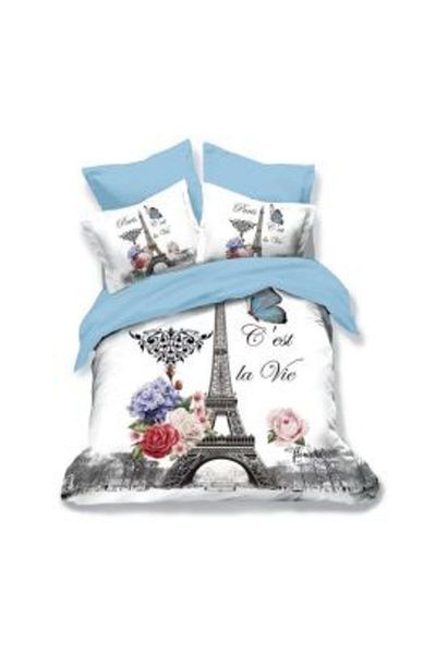 Ralex Lenjerie de pat dublu bumbac Finet 3D 6 piese 220 x 240 cm, Flori si Paris, Alb Albastru, Pucioasa F