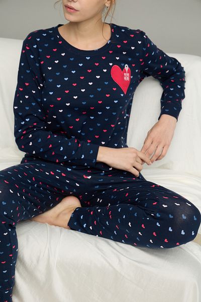 Siyah İnci Navy Blue Heart Patterned Cotton Crew Neck Knitted Pajamas Suit25241145