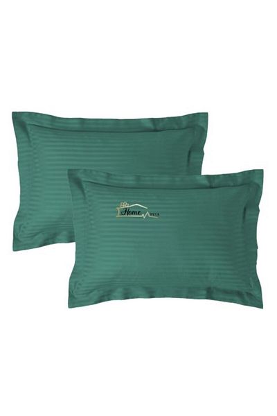 HomePuls Set 2 Pillowcases Damask Polycotton Stripe 1 cm, 50 x 70 cm with 3.5 cm Border, Green