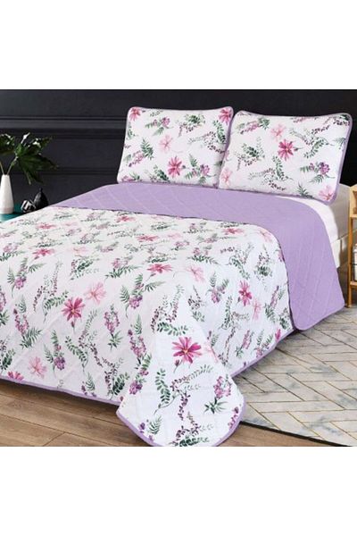 Ralex Quilted Bedspread Printed 230 x 250 cm with 2 Pillowcases 50 x 70 cm, Colorful Flowers Purple