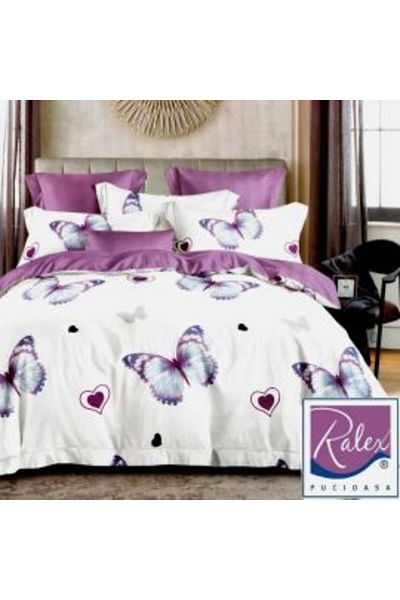 Ralex Double Bed Linen Cotton Finet 6 Pieces 220 x 240 cm, Hearts and Butterflies, White Purple, Puc