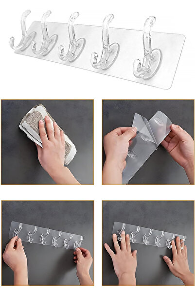 NOYİSKA 1 Adet Kendinden Yapışkanlı Ultra Güçlü Şeffaf 5li Askılık Kapı Arkas...