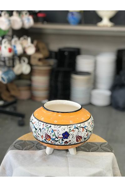 RGS HOMELİFE Handmade Ottoman Motif Ceramic Flower Pot – Decorative Flower Pot with Orange Banded Feet