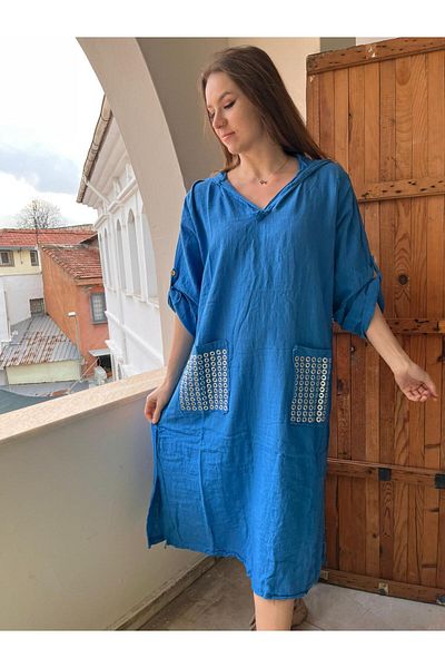 AGORATEKSTİL Women's Hooded Studded 2 Pockets Linen Long Dress