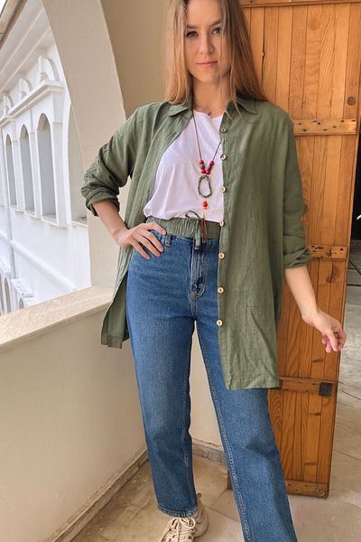 AGORATEKSTİL Women's Complete Buttoned Linen Cotton Shirt Oversize