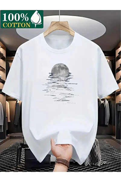 İSMTEXS تي شيرت من القطن الممشط مطبوع عليه قمر وتموجات بأكمام قصيرة للجنسين م...