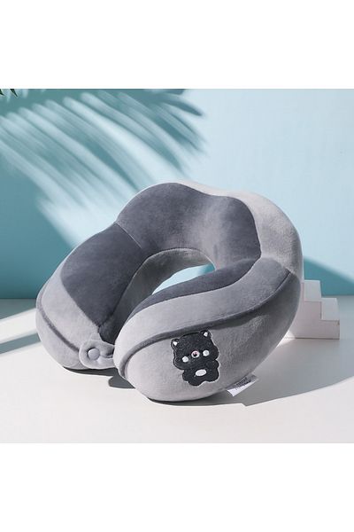 FEN Pernă de călătorie pentru gât și cap cu umplutură de bumbac, 28x28x10 cm, model brodat cu ursuleți, gri