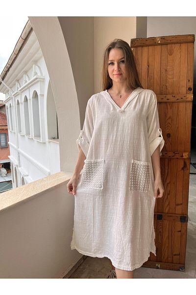 AGORATEKSTİL Women's Hooded Studded 2 Pockets Linen Long Dress