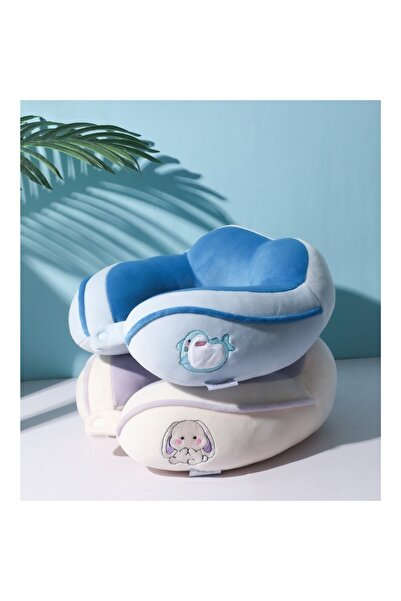 TnsAround Pernă de călătorie pentru gât și cap, umplutură din bumbac, 28x28x10 cm, model brodat cu delfini, albastră