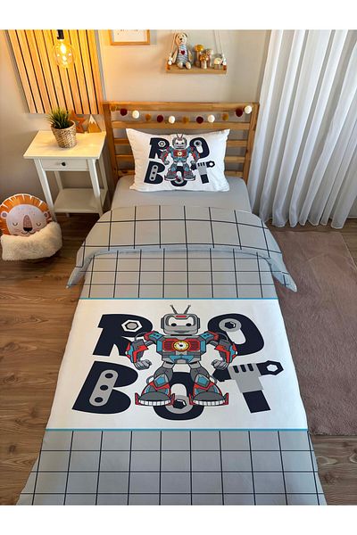 Evmila Double Sided Robot Patterned - Printed Single Duvet Cover Set