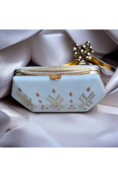 Telli Art White Wire Bridal Bag – Copper and Silver Embroidered, Chain, 16×23 cm