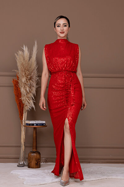 BEYBOS Pul Payet Kumaş Büzgü Detaylı Abiye Elbise - KIRMIZI