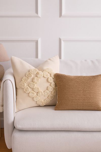 Cozy & Soft Cream Color Throw Pillow Case Set with Bohemian Straw and Decorated Surface - Set of 2 (50X50 Cm, 30X50 cm)