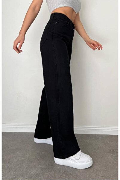 Shield Life بنطلون مدرسي أسود Palazzo واسع الساق عالي الخصر