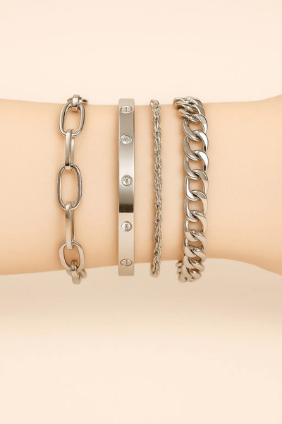 NEMOPHİLA Silver Color 4-Piece Women's Steel Bracelet Combination Set Stylish Jewelry Accessory