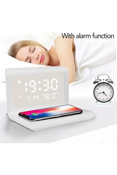 Generic Digital Alarm Clock with Wireless Charger - Bedside Table Alarm Clock & Wireless Charger (White)